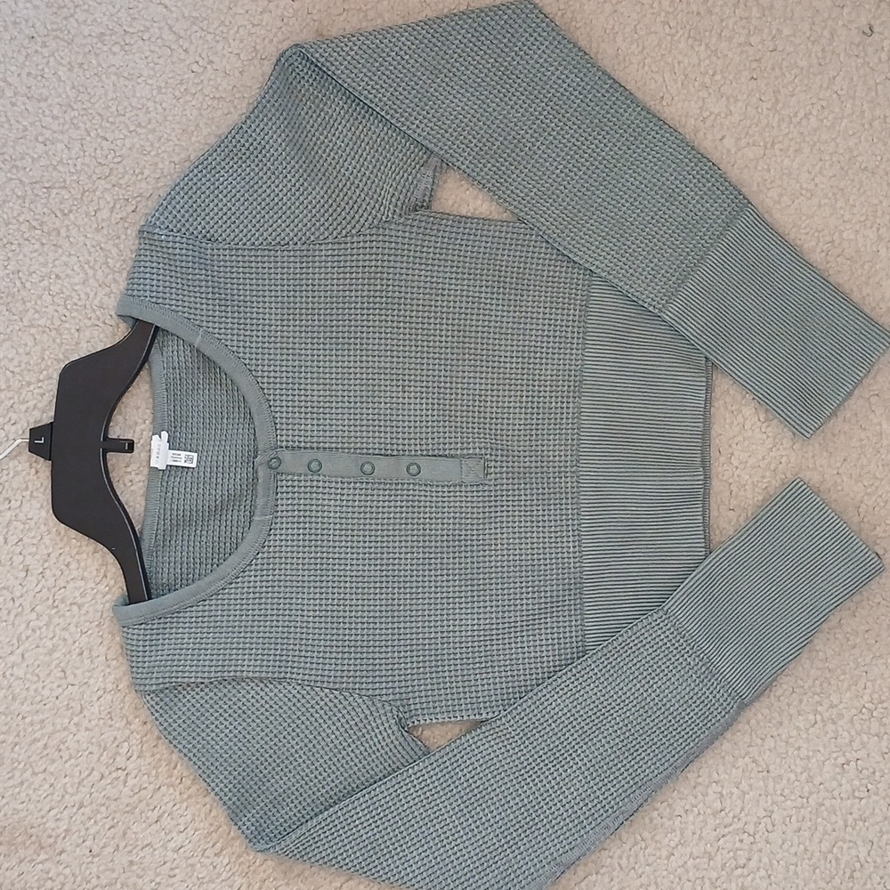 Aerie Fitted Green Waffle Knit Long Sleeve Crop Top Women's Medium